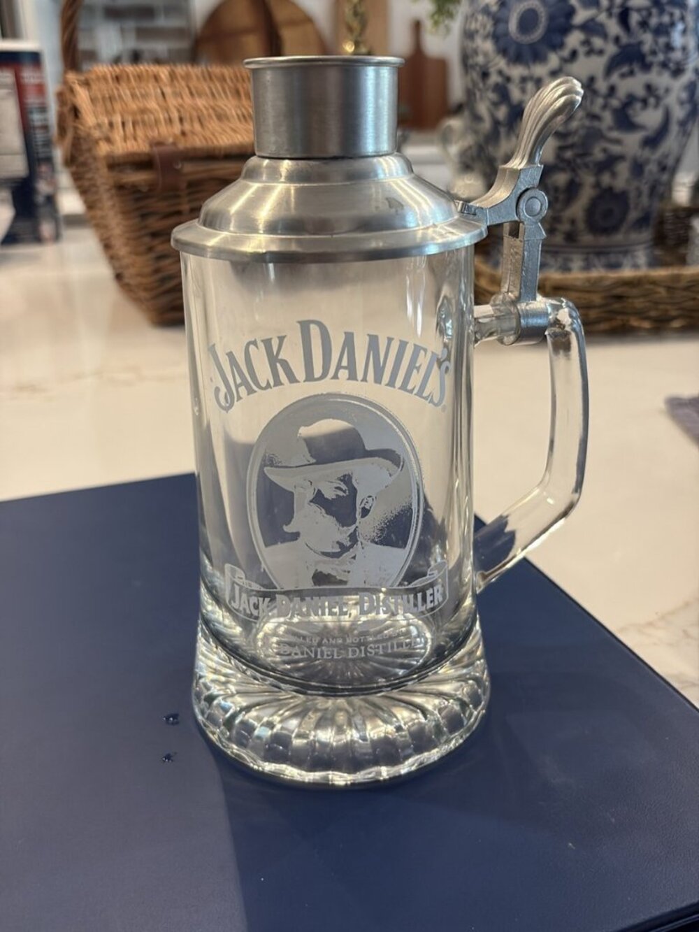 Jack Daniel's Clear Glass Beer Stein with Pewter Lid and Shot Glass